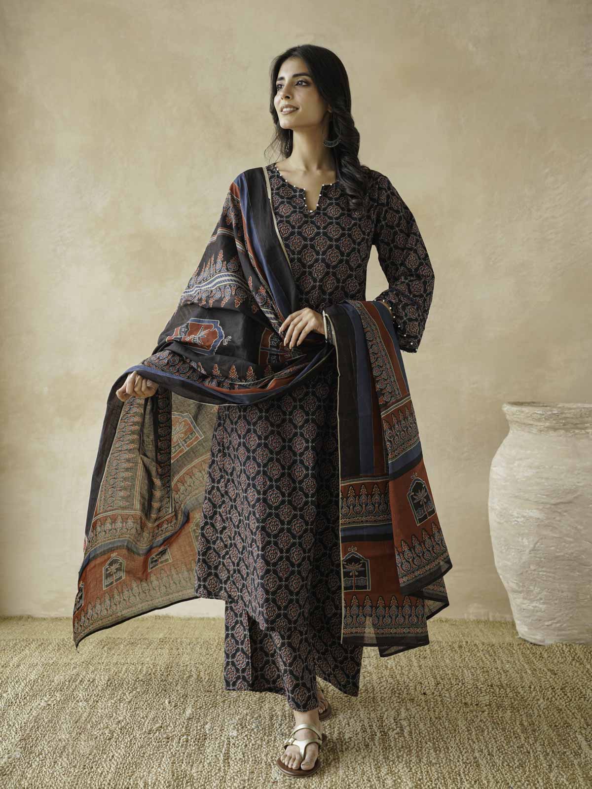 Cotton Printed Aline Kurta Set For Women Black