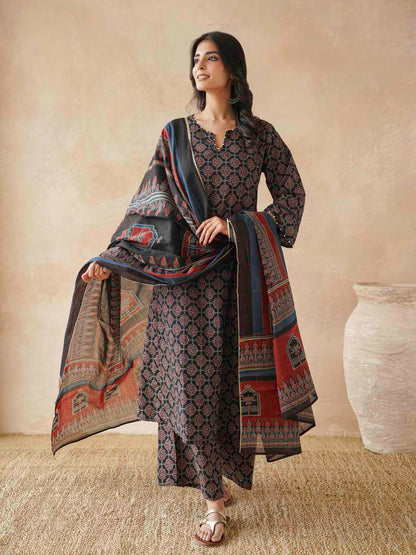 Cotton Printed Aline Kurta Set For Women Black