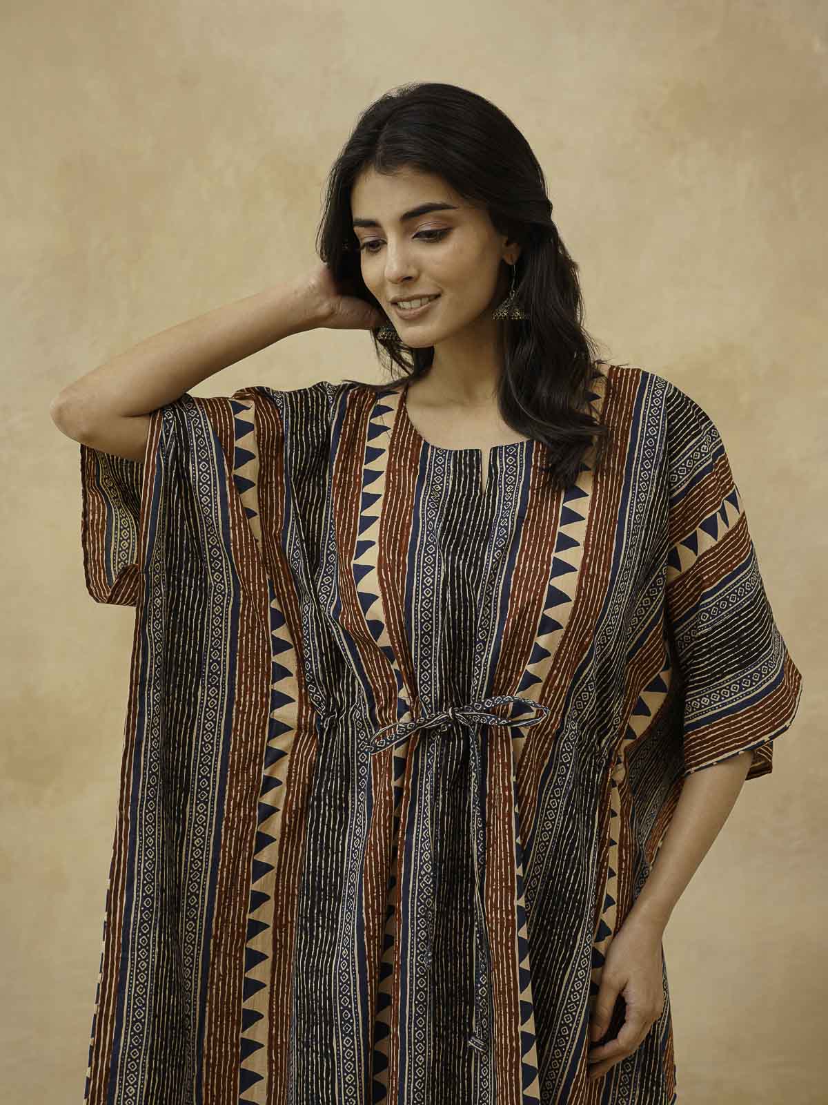 Block-Printed Cotton Long Kaftan Multicolor