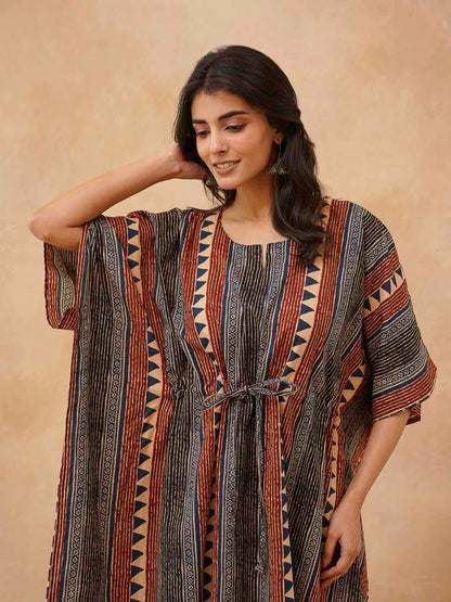Block-Printed Cotton Long Kaftan Multicolor