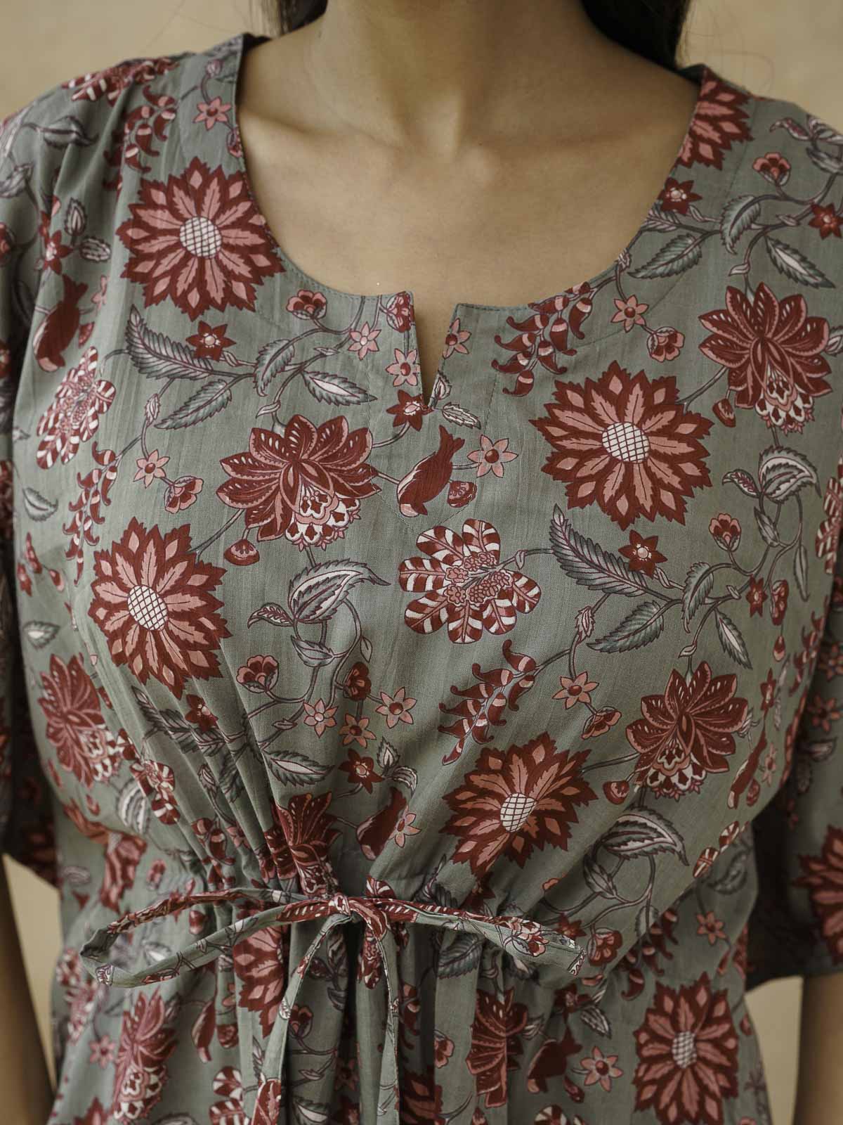 Block-Printed Cotton Long Kaftan Grey