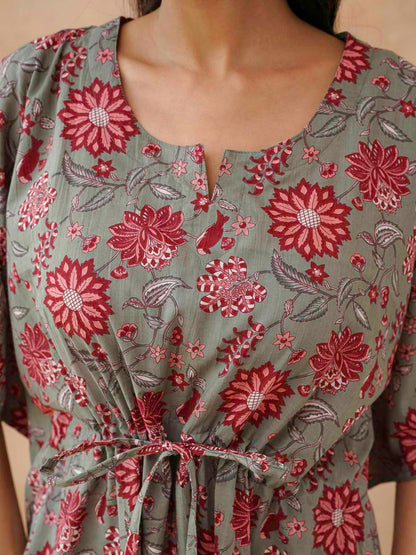 Block-Printed Cotton Long Kaftan Grey