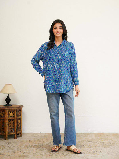 Block Printed Cotton Meher Shirt Blue Booty