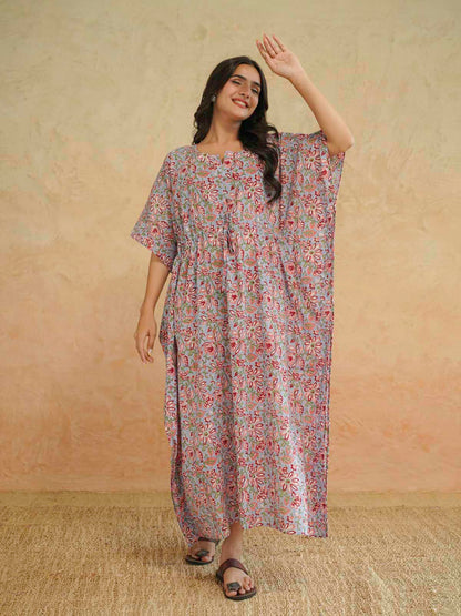 Block-Printed Cotton Long Kaftan Blue Jaal