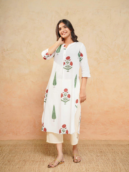 Cotton Pleat Kurta For Women White Patti