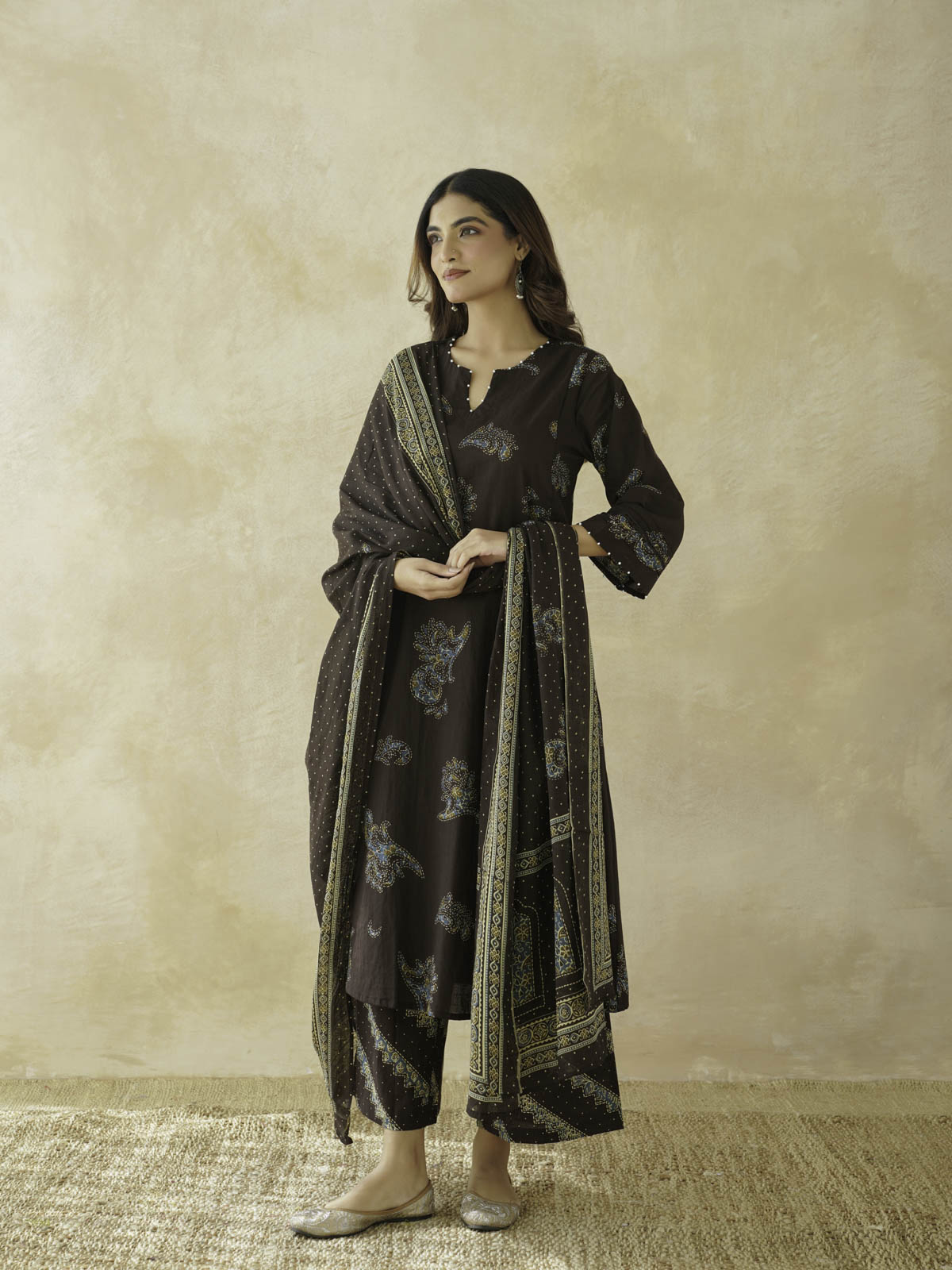 Cotton Printed Aline Geet Kurta Set For Women Choco Brown