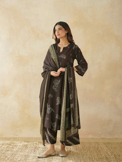 Cotton Printed Aline Geet Kurta Set For Women Choco Brown