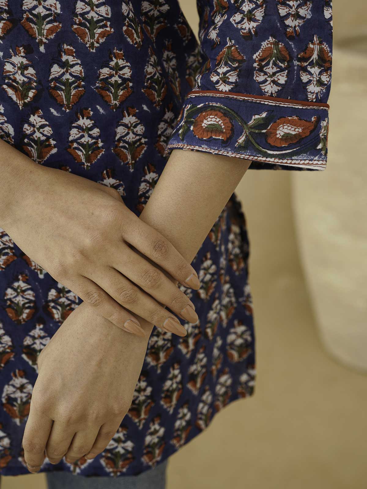 Cotton Printed Sequin Short Kurti For Women Blue