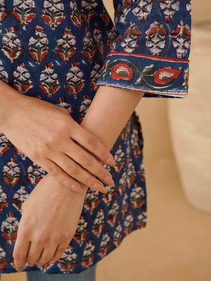 Cotton Printed Sequin Short Kurti For Women Blue