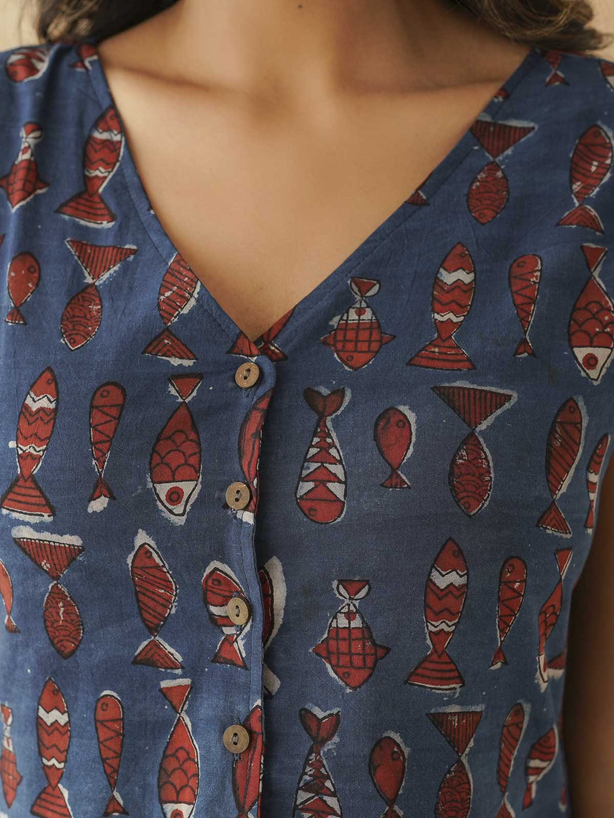 Sleeveless Cotton Block Printed Kothi Top Indigo Fish