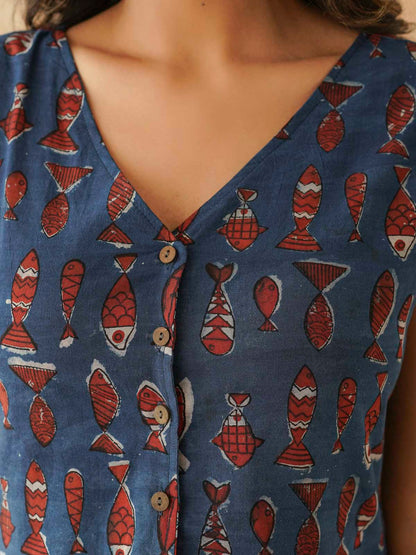 Sleeveless Cotton Block Printed Kothi Top Indigo Fish