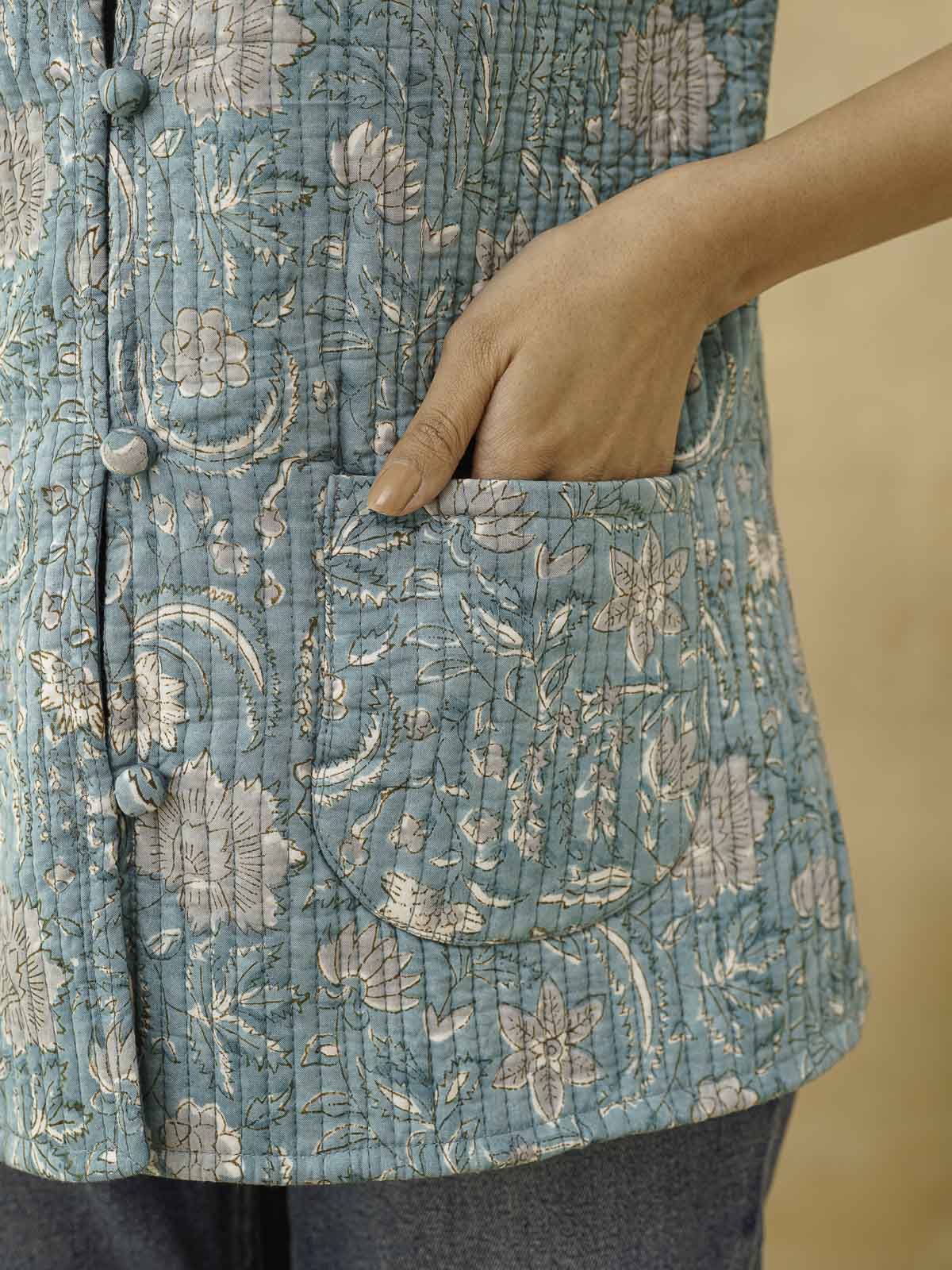 Cotton Printed Sleeveless Quilted Jacket Green Jaal