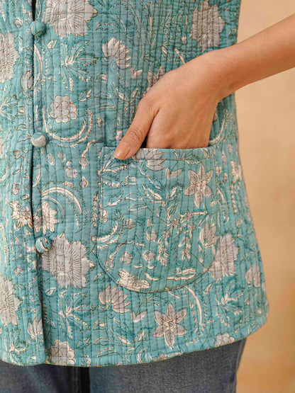Cotton Printed Sleeveless Quilted Jacket Green Jaal