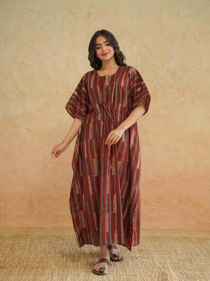 Block-Printed Cotton Long Kaftan Red Starp