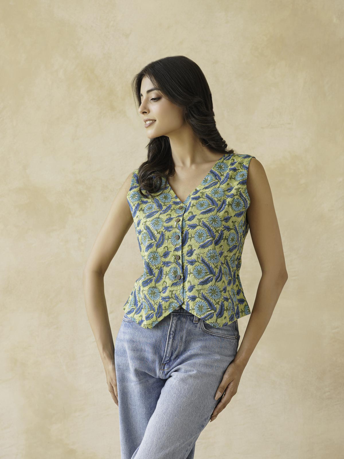 Sleeveless Cotton Block Printed Kothi Top Green Jaal