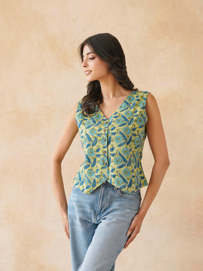 Sleeveless Cotton Block Printed Kothi Top Green Jaal