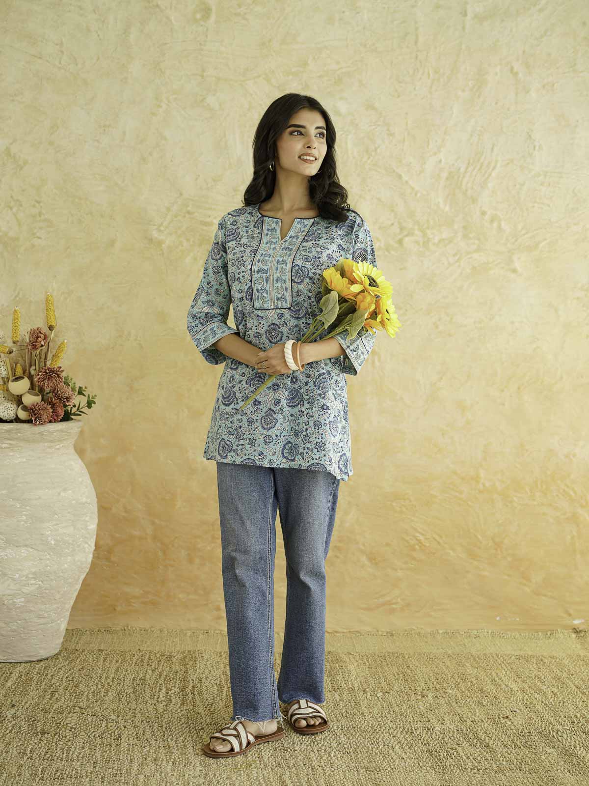 Cotton Printed Sequin Short Kurti For Women Turquoise