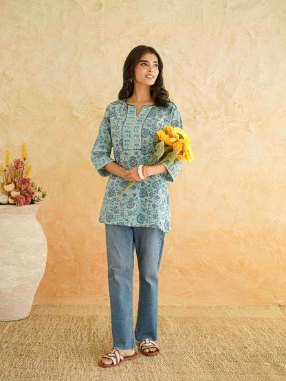 Cotton Printed Sequin Short Kurti For Women Turquoise