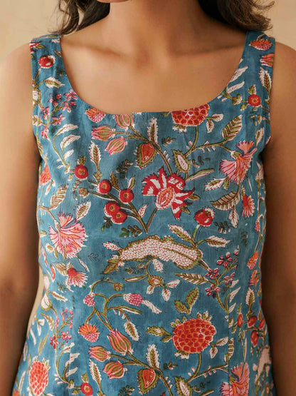 Cotton Printed Stylish Backless Tie-Up Kurti Blue Jaal
