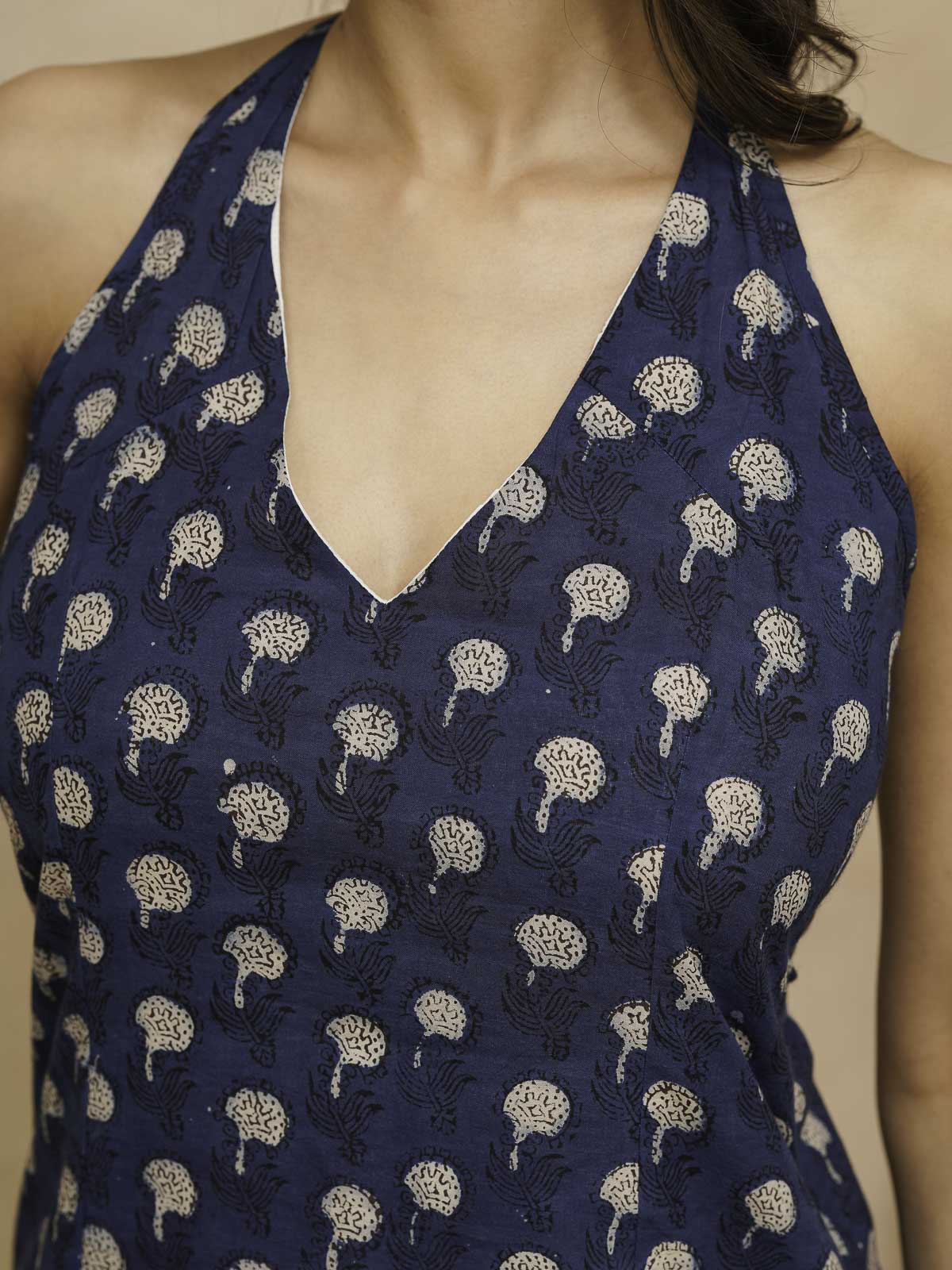 Cotton Printed Stylish Halter Tie-Up Kurti Indigo