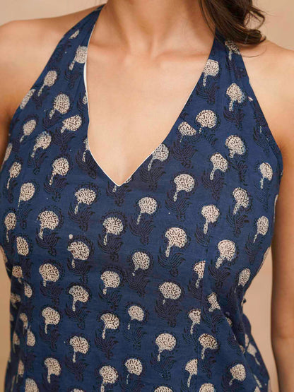 Cotton Printed Stylish Halter Tie-Up Kurti Indigo