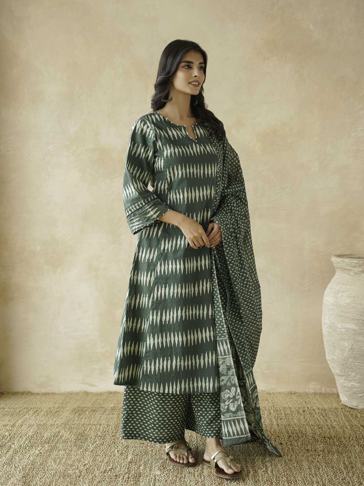 Cotton Printed Aline Kurta Set For Women Green