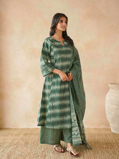 Cotton Printed Aline Kurta Set For Women Green