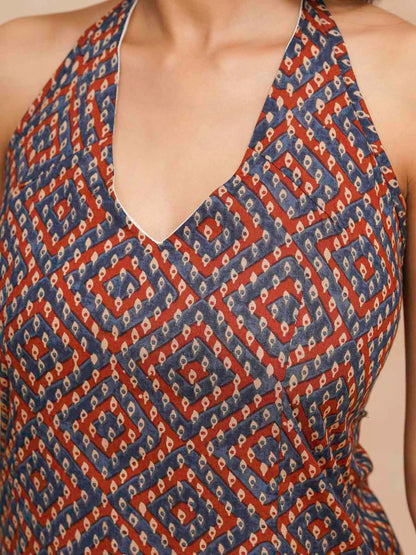 Cotton Printed Stylish Halter Tie-Up Kurti Bandhej