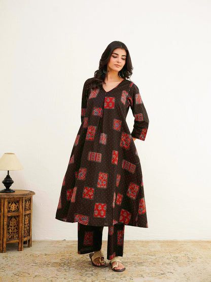Cotton Printed Noor Aline Set For Women Black