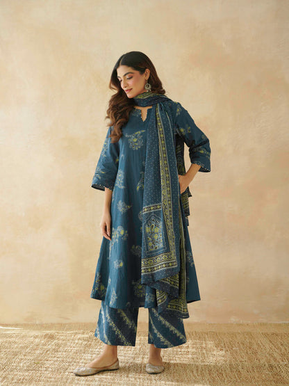Cotton Printed Aline Geet Kurta Set For Women Indigo