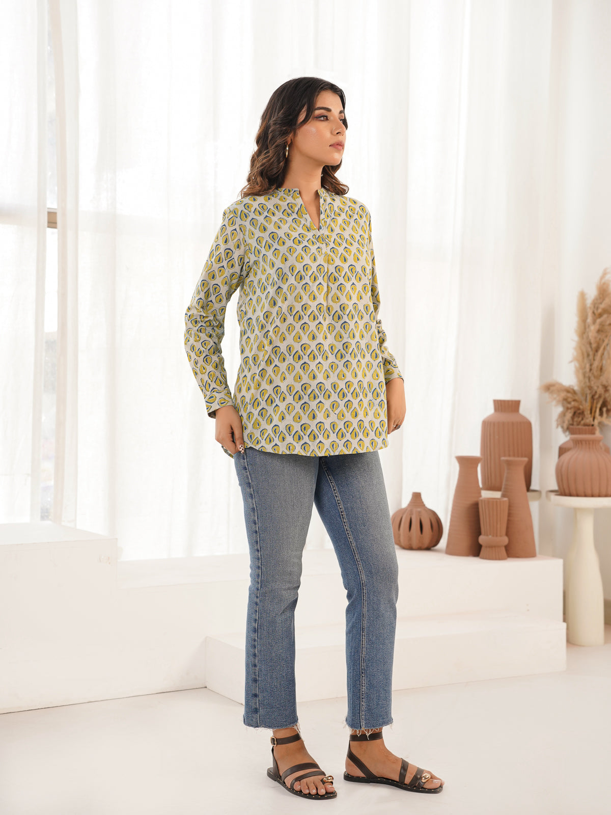 Cotton Printed Top For Women Yellow Leaf