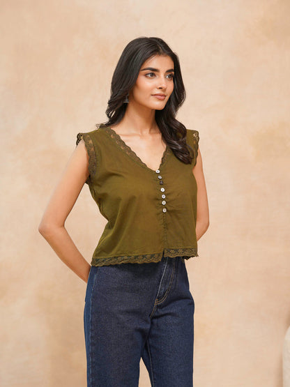 Sleeveless Cotton Printed Daisy Lace Top Green