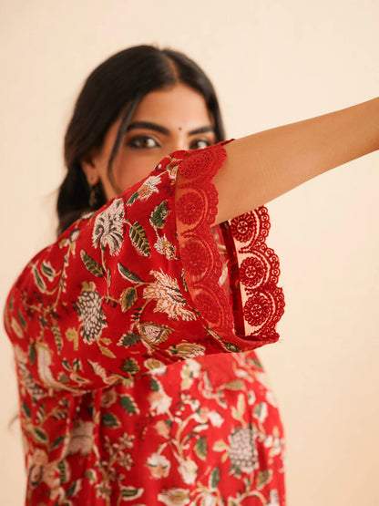 Block Printed Cotton Kurta Pant Bagiya Set Red Jaal