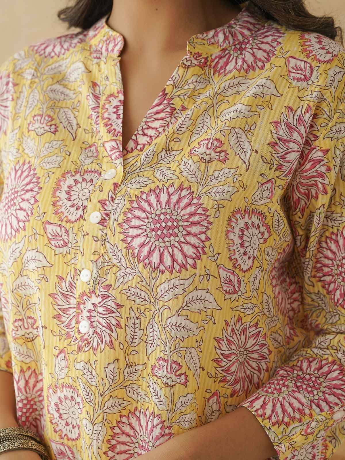 Cotton Printed Collar Neck Long Kurti For Women Yellow