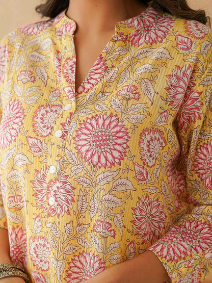 Cotton Printed Collar Neck Long Kurti For Women Yellow