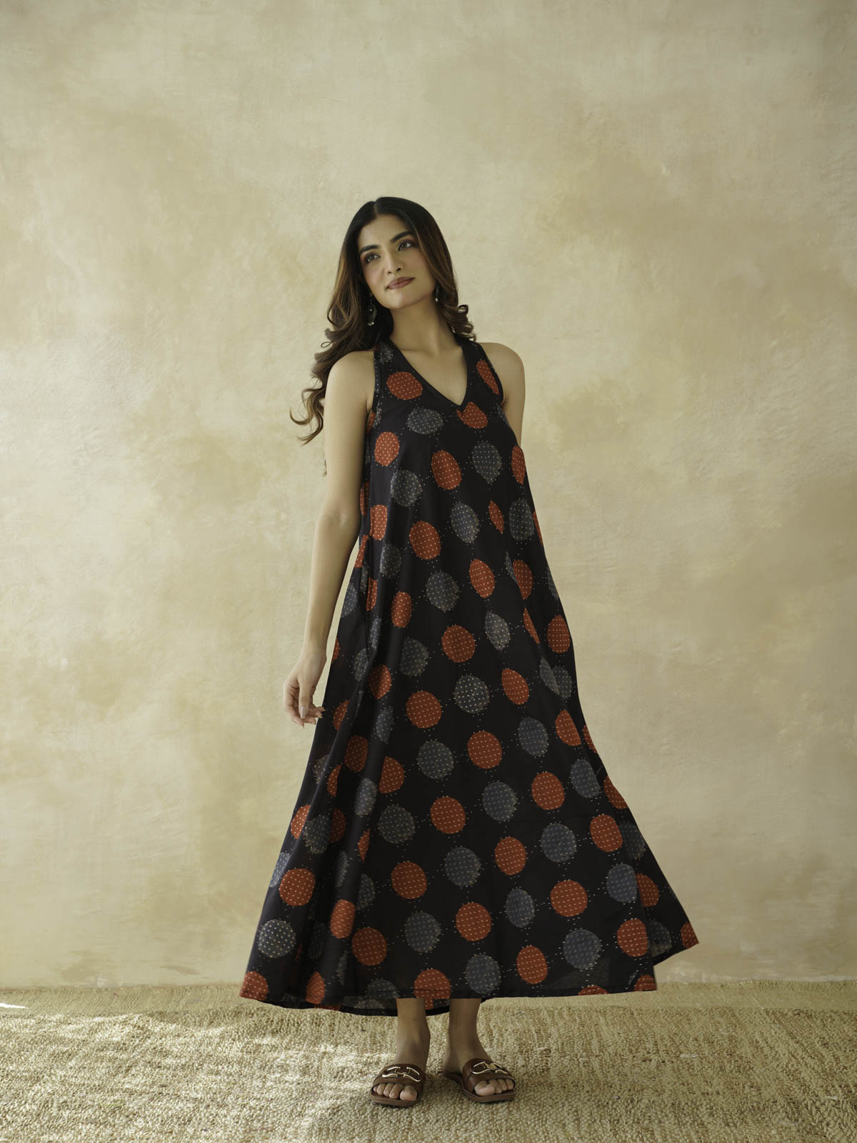 Cotton Printed Aline Moana Dress Black Polka
