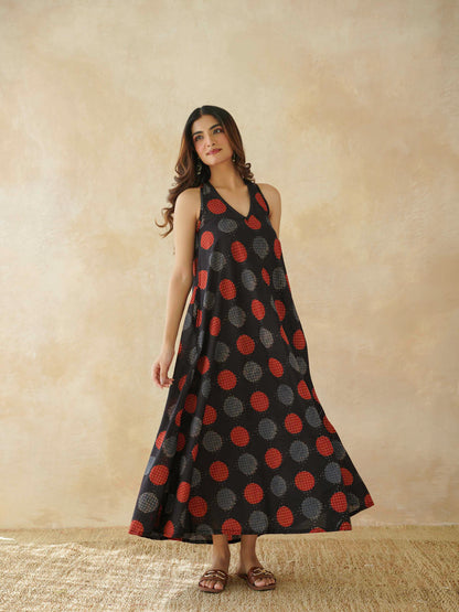 Cotton Printed Aline Moana Dress Black Polka