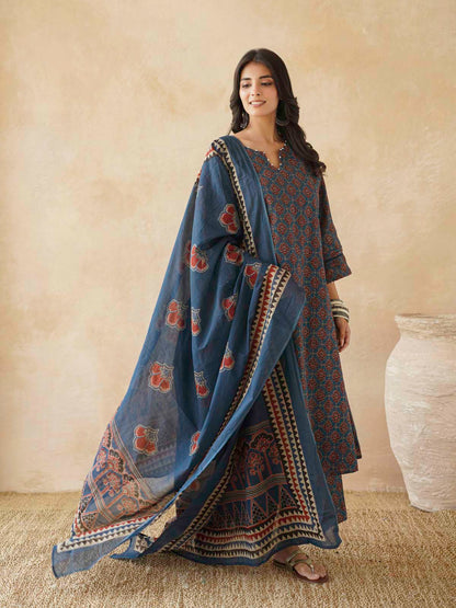 Cotton Printed Aline Kurta Set For Women Blue