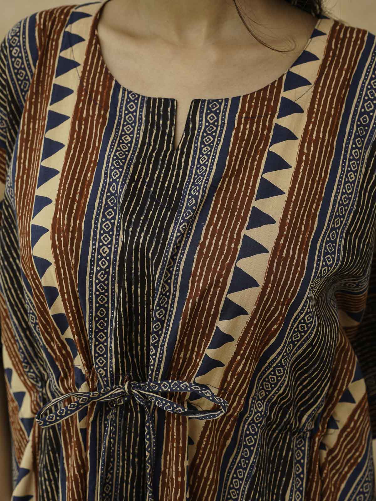 Block-Printed Cotton Long Kaftan Multicolor