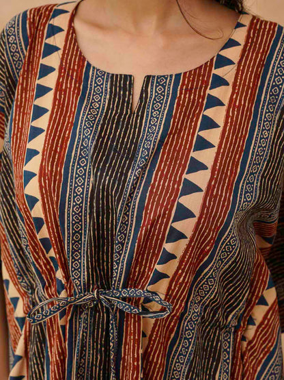 Block-Printed Cotton Long Kaftan Multicolor