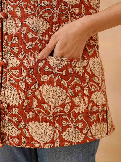 Cotton Printed Sleeveless Quilted Jacket Red Kamal