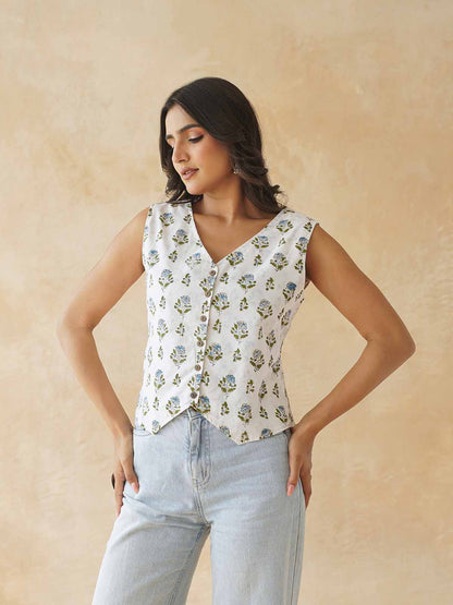 Sleeveless Cotton Block Printed Kothi Top White Booty