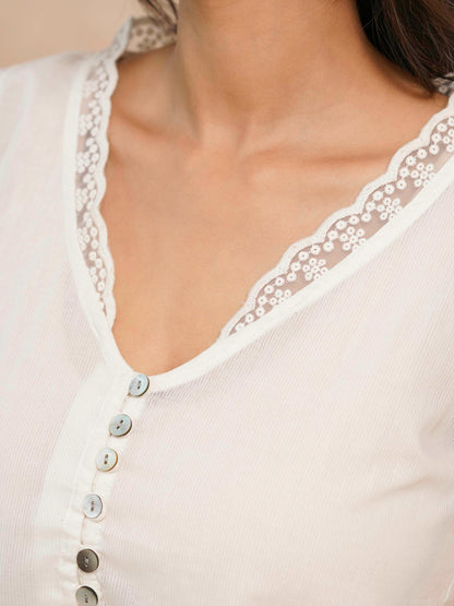 Sleeveless Cotton Printed Daisy Lace Top White