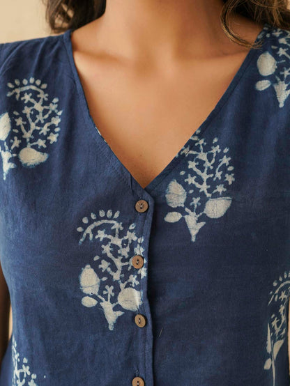 Sleeveless Cotton Block Printed Kothi Top Indigo Boota