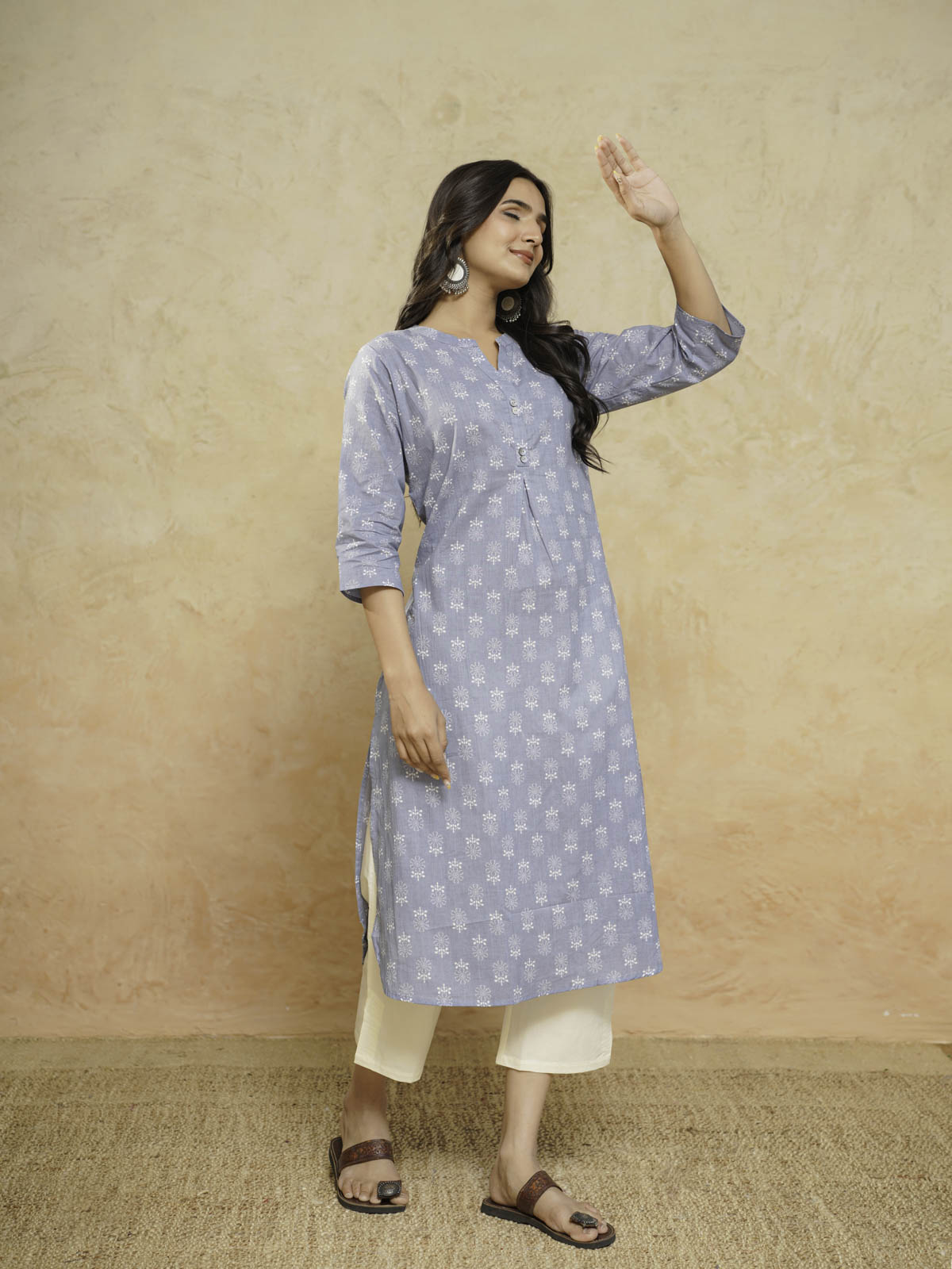 Cotton Pleat Kurta For Women Grey