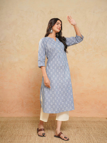 Cotton Pleat Kurta For Women Grey