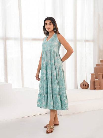 Tiered Halter Neck Dress Sea Green