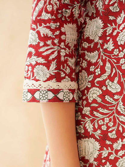 Block-Printed Cotton Zoya Kurti Red Jaal