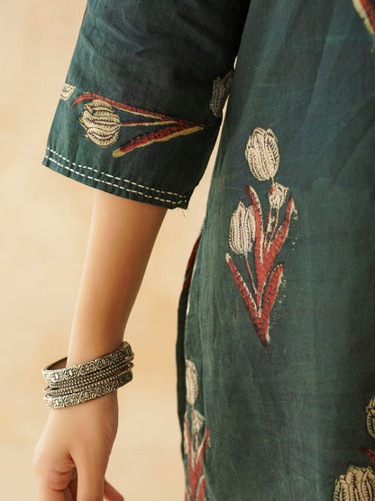 Cotton Printed Kantha Kurta Green