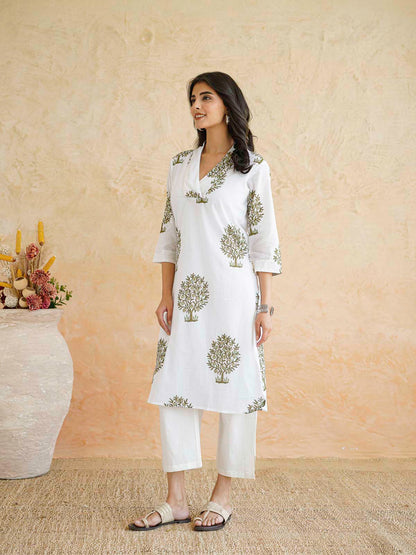 Cotton Printed Straight Kurta White
